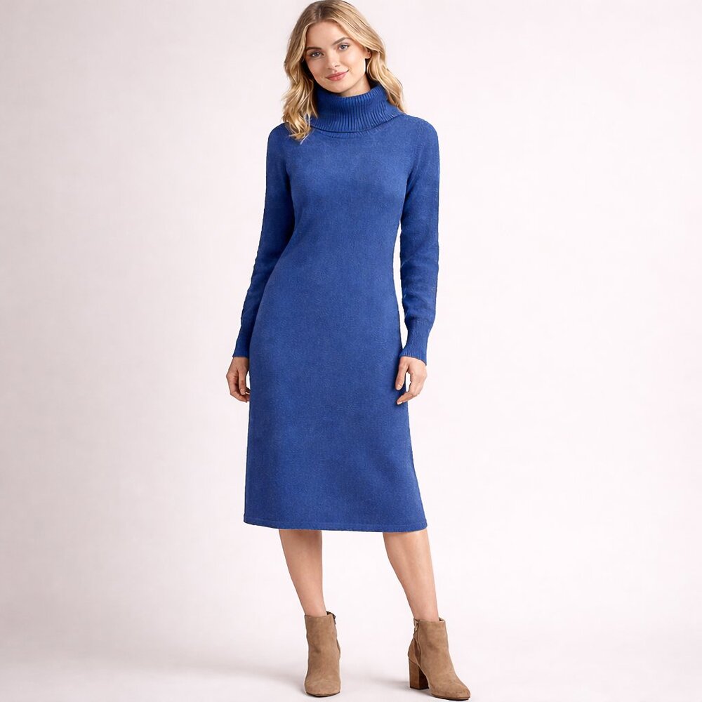 Lusso Cashmere Cowl Neck Extremely Soft Midi Dress in Admiral Blue Size L - NWT